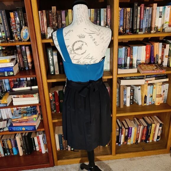 SINGLE by Galina sobolev teal black one shoulder belted silk cocktail dress nwt - Picture 2 of 8